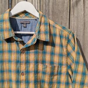 Toad&Co Airscape Plaid Yellow & Blue Medium Button-up SS Shirt Cotton Men's